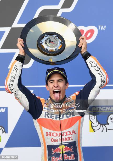 Marc Marquez of Spain who rode the REPSOL HONDA TEAM Honda celebrates winning the 2017 MotoGP of Australia at Phillip Island Grand Prix Circuit on...