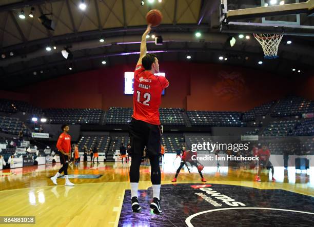 Angus Brandt of the Wildcats warms up before the start of the round three NBL match between the Cairns Taipans and the Perth Wildcats at Cairns...