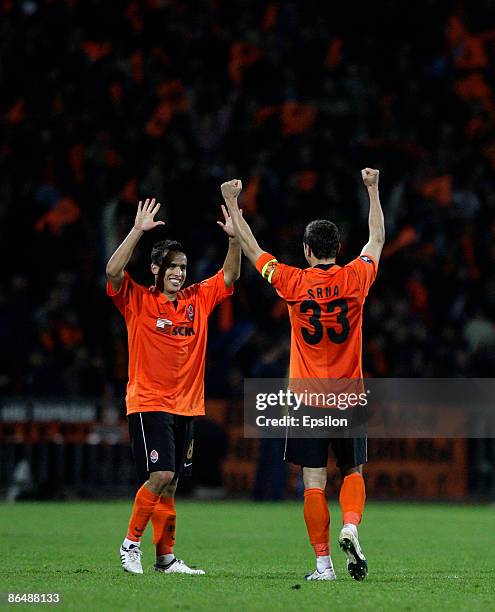 Jadson and Darijo Srna of FC Shakhtar Donetsk jubilate at their victory against of FC Dynamo Kiev during the UEFA Cup semi-finals second leg match...