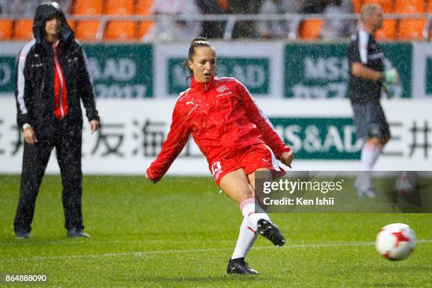 Lia Walti of Switzerland warms up prior to the international friendly match between Japan and Switzerland at Nagano U Stadium on October 22, 2017 in...