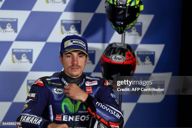 Third-places Yamaha rider Maverick Vinales of Spain prepares for a press conference at the end of the Australian MotoGP Grand Prix at Phillip Island...