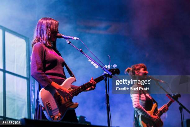Theresa Wayman and Emily Kokal of Warpaint perform during the 'Global Spirit Tour' at KeyArena on October 21, 2017 in Seattle, Washington.