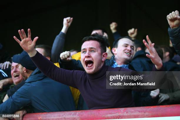 Sunderland fan celebrates his sides third goal during the Sky Bet Championship match between Brentford and Sunderland at Griffin Park on October 21,...