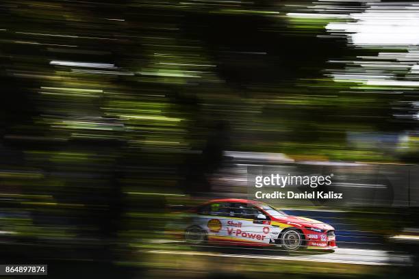 Scott McLaughlin drives the Shell V-Power Racing Team Ford Falcon FGX during race 22 for the Gold Coast 600, which is part of the Supercars...