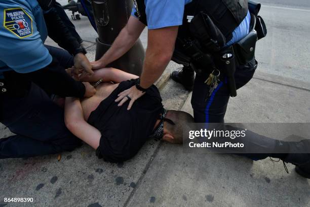 Police brutality protest turns violent when officers of the Philadelphia Police Dept clash with protestors, in Center City Philadelphia, PA, on...