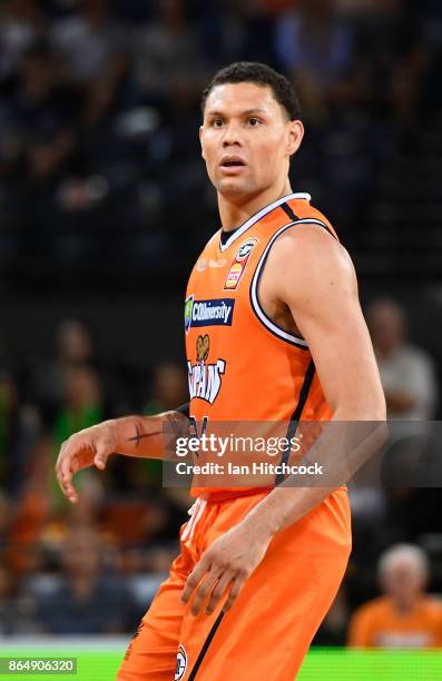 Michael Carrera of the Taipans looks on during the round three NBL match between the Cairns Taipans and the Perth Wildcats at Cairns Convention...