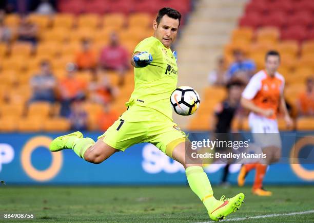 Michael Theo of the Roar kicks the ball during the round three A-League match between the Brisbane Bullets and the Newcastle Jets at Suncorp Stadium...