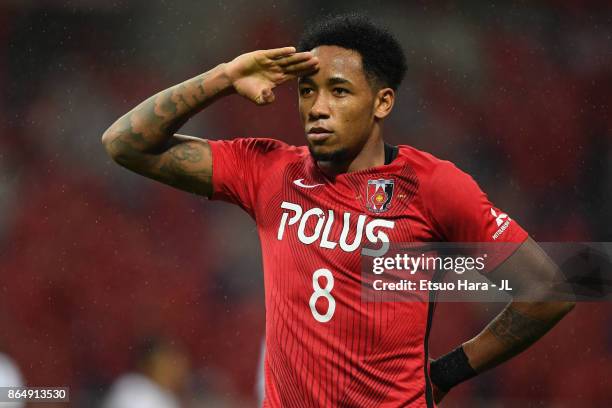 Rafael Silva of Urawa Red Diamonds celebrates scoring the opening goal during the J.League J1 match between Urawa Red Diamonds and Gamba Osaka at...