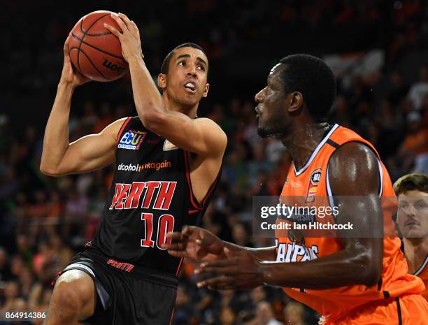 Dexter Kernich-Drew of the Wildcats drives to the basket during the round three NBL match between the Cairns Taipans and the Perth Wildcats at Cairns...