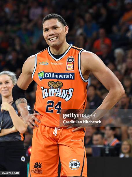 Michael Carrera of the Taipans smiles during the round three NBL match between the Cairns Taipans and the Perth Wildcats at Cairns Convention Centre...