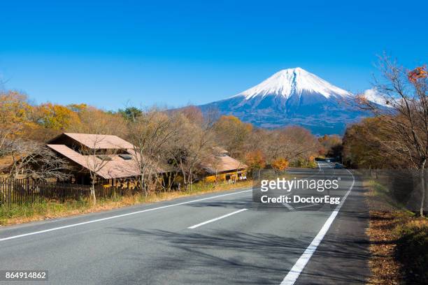 road to fuji mountain in autumn clear sky day at campground near tanuki lake - prefettura di shizuoka foto e immagini stock