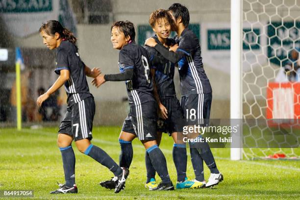 Mina Tanaka of Japan celebrates scoring her side's second goal with her team mates Emi Nakajima . Mana Iwabuchi and Mami Ueno during the...