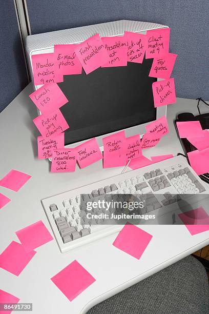 computer covered with sticky notes - sticky notes covering computer monitor stock-fotos und bilder