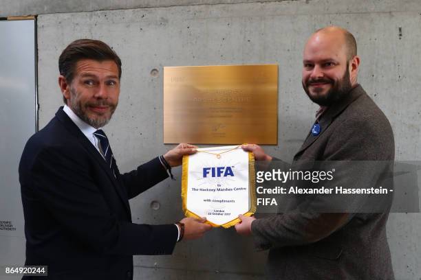 Philip Glanville, Mayor of Hackney and Zvonimir Boban pose for a photo during a visit to Hackney Marshes prior to The Best FIFA Football Awards at...
