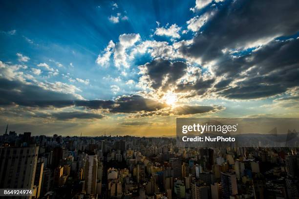 The view at sunset looking north from a 23th floor apartment at the Edifício Itália, São Paulo on October 21, 2017 in São Paulo.