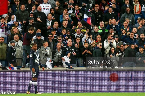 Amiens' fans cheer during the French L1 football match between Amiens and Bordeaux on October 21 at the Oceane stadium, in Le Havre, northwestern...