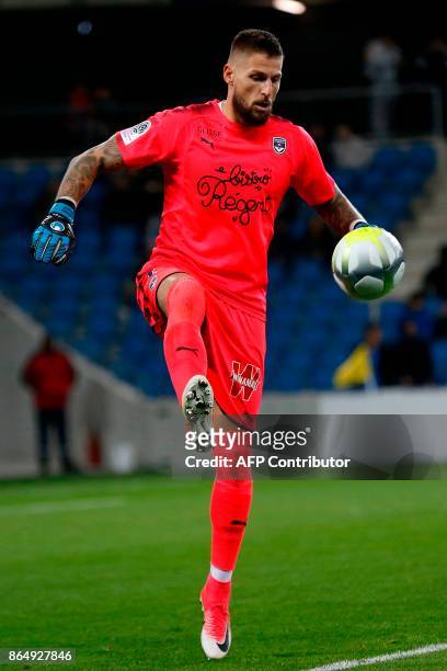 Bordeaux's French goalkeeper Benoit Costil controls the ball during the French L1 football match between Amiens and Bordeaux on October 21 at the...