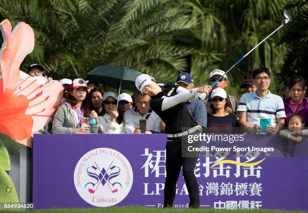 Eun-Hee Ji of South Korea tees off on the 17th hole during the Swinging Skirts LPGA Taiwan Championship on October 22, 2017 in Taipei, Taiwan.