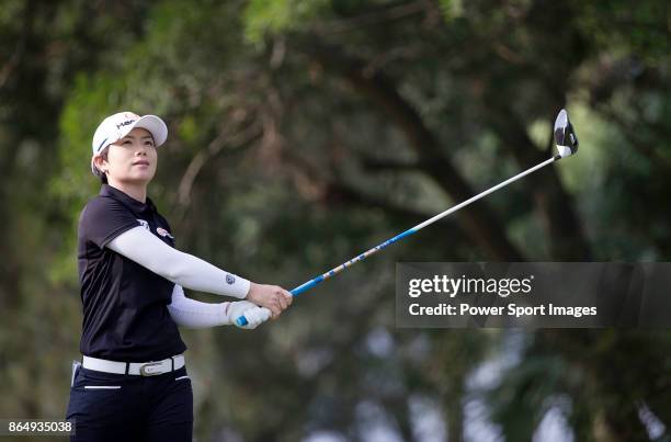 Eun-Hee Ji of South Korea tees off on the 18th hole during the Swinging Skirts LPGA Taiwan Championship on October 22, 2017 in Taipei, Taiwan.