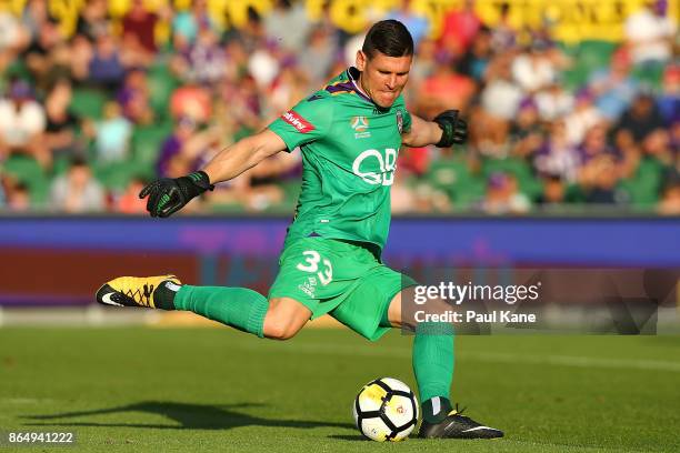 Liam Reddy of the Glory takes a goal kick during the round three A-League match between Perth Glory and the Central Coast Mariners at nib Stadium on...