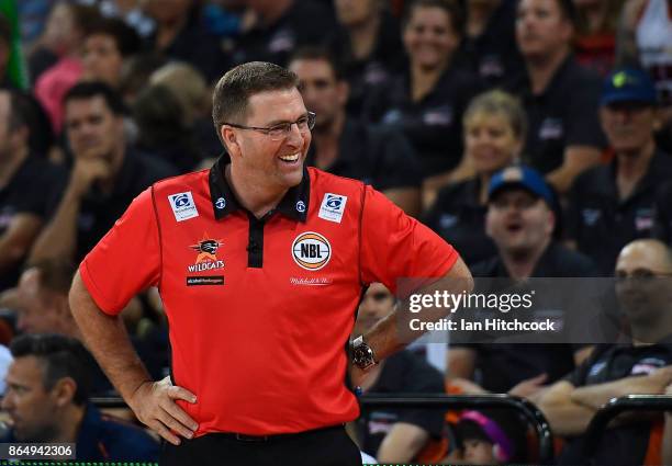 Wildcats coach Trevor Gleeson shares a laugh during the round three NBL match between the Cairns Taipans and the Perth Wildcats at Cairns Convention...