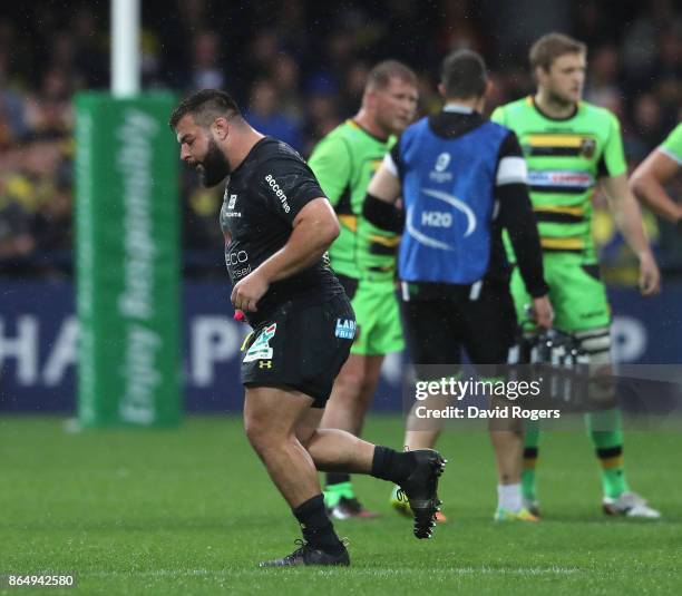 Rabah Slimani of Clermont Auvergne walks off the pitch after receiving a yellow card for a tackle on Dylan Hartley during the European Rugby...