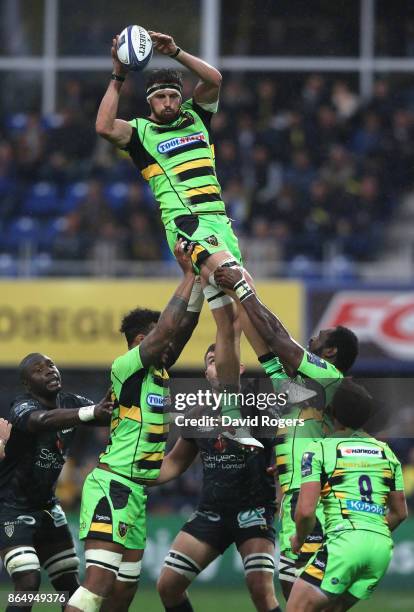 Tom Wood of Northampton wins the lineout during the European Rugby Champions Cup match between ASM Clermont Auvergne and Northampton Saints at Stade...