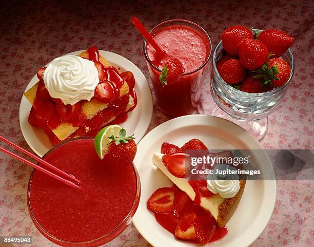 assorted strawberry desserts and drinks - strawberry shortcake stock pictures, royalty-free photos & images