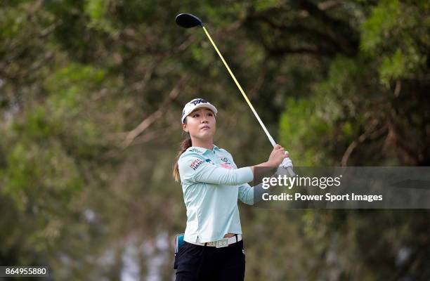 Lydia Ko of New Zealand tees off on the 18th hole during day four of Swinging Skirts LPGA Taiwan Championship on October 22, 2017 in Taipei, Taiwan.