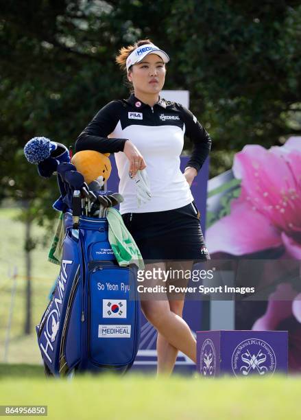 So Yeon Ryu of South Korea waits to tee off on the 17th hole during day four of Swinging Skirts LPGA Taiwan Championship on October 22, 2017 in...