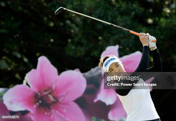 So Yeon Ryu of South Korea tees off on the 17th hole during day four of Swinging Skirts LPGA Taiwan Championship on October 22, 2017 in Taipei,...