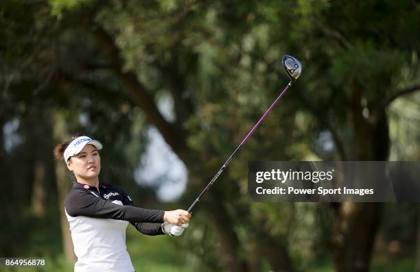 So Yeon Ryu of South Korea tees off on the 18th hole during day four of Swinging Skirts LPGA Taiwan Championship on October 22, 2017 in Taipei,...
