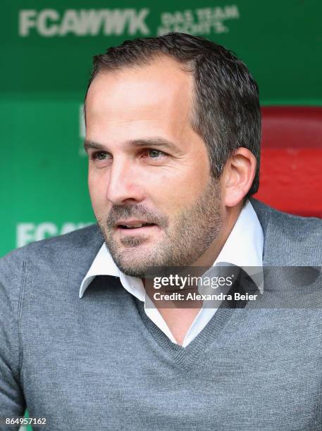 Team coach Manuel Baum of FC Augsburg is pictured before the Bundesliga match between FC Augsburg and Hannover 96 at WWK-Arena on October 21, 2017 in...