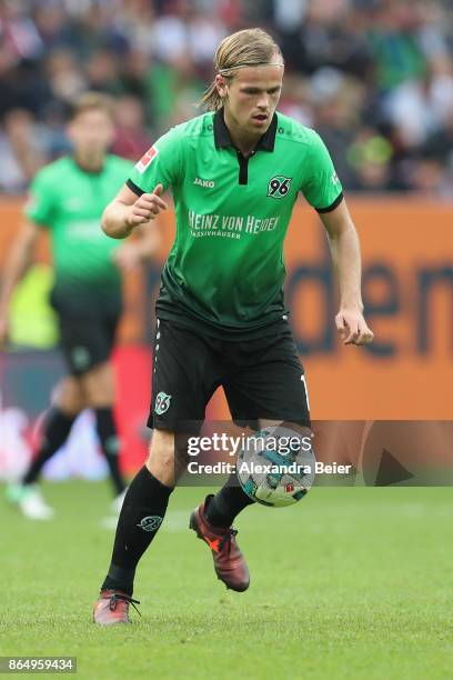 Iver Fossum of Hannover 96 kicks the ball during the Bundesliga match between FC Augsburg and Hannover 96 at WWK-Arena on October 21, 2017 in...