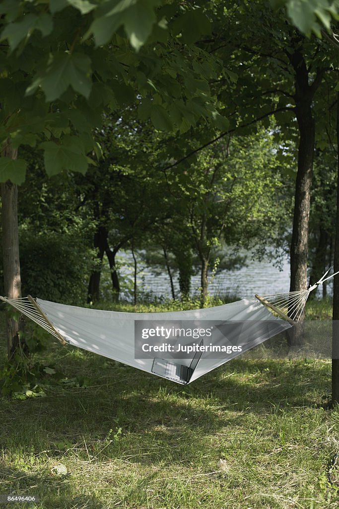 Laptop computer in hammock