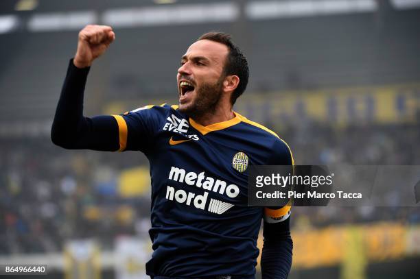 Giampaolo Pazzini of Hellas Verona celebrates his first goal during the Serie A match between AC Chievo Verona and Hellas Verona FC at Stadio...