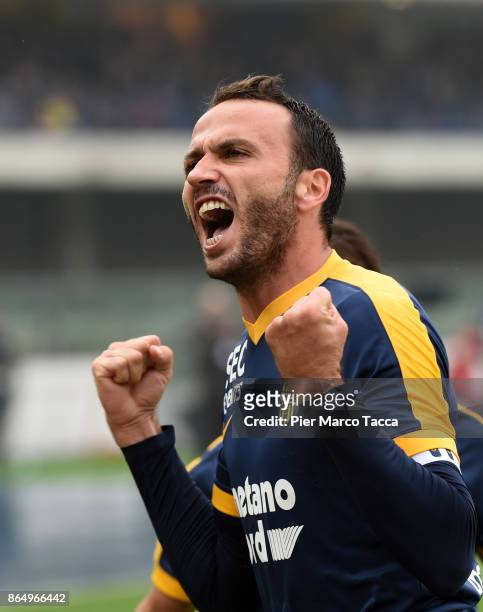 Giampaolo Pazzini of Hellas Verona celebrates his first goal during the Serie A match between AC Chievo Verona and Hellas Verona FC at Stadio...