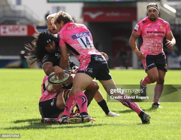 Joe Tomane of Montpellier dives over the line to score the first try during the European Rugby Champions Cup match between Montpellier and Exeter...