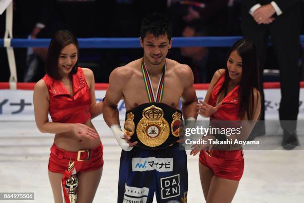 Ryota Murata of Japan celebrates after winning his WBA Middleweight Title Bout at Ryogoku Kokugikan on October 22, 2017 in Tokyo, Japan.