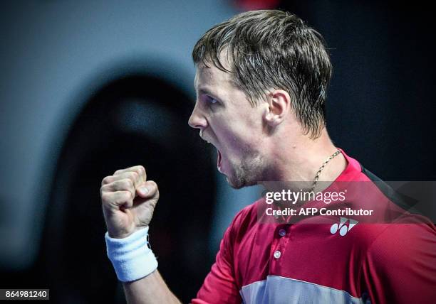 Lithuania's Ricardas Berankis reacts as he plays against Bosnia-Herzegovina's Damir Dzumhur during the Kremlin Cup tennis tournament men's singles...