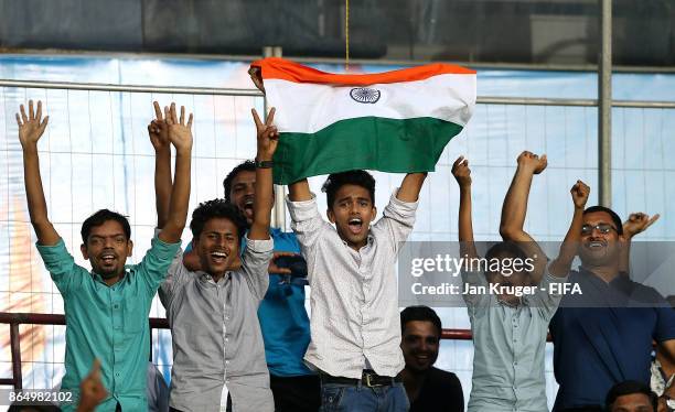 Fans cheer during the FIFA U-17 World Cup India 2017 Quarter Final match between Spain and Iran at Jawaharlal Nehru International Stadium on October...