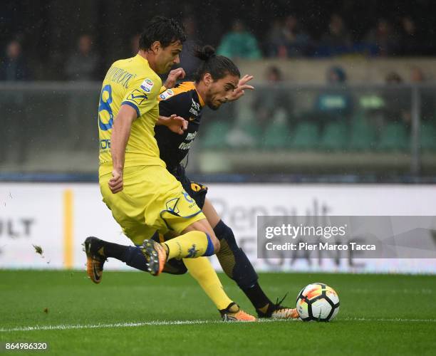 Ivan Radovanovic of AC Chievo Verona competes for the ball with Martin Caceres of Hellas Verona during the Serie A match between AC Chievo Verona and...