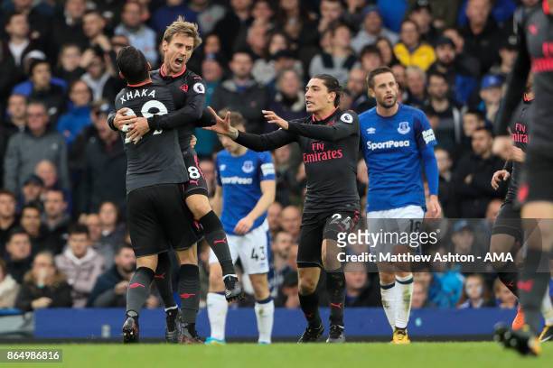Nacho Monreal of Arsenal celebrates after scoring a goal to make it 1-1 during the Premier League match between Everton and Arsenal at Goodison Park...