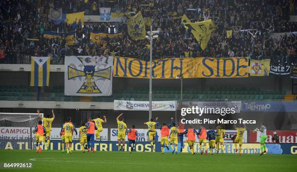 Chievo Team celebrates the victory during the Serie A match between AC Chievo Verona and Hellas Verona FC at Stadio Marc'Antonio Bentegodi on October...