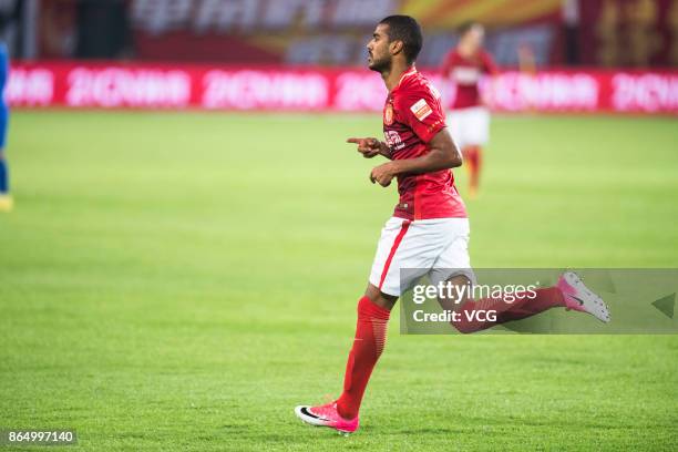 Alan Carvalho of Guangzhou Evergrande celebrates a goal during the 2017 Chinese Football Association Super League 28th round match between Guangzhou...