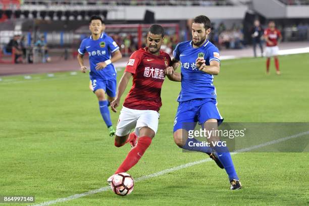 Alan Carvalho of Guangzhou Evergrande passes the ball during the 2017 Chinese Football Association Super League 28th round match between Guangzhou...