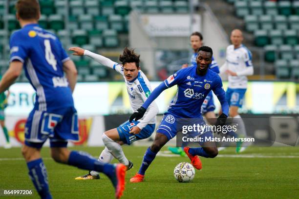 Peter Wilson of GIF Sundsvall and David Moberg Karlsson of IFK Norrkoping during the Allsvenskan match between GIF Sundsvall and IFK Norrkoping at...