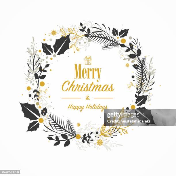 weihnachtskarte mit hand gezeichneten kranz - weihnachtsbaum freisteller stock-grafiken, -clipart, -cartoons und -symbole