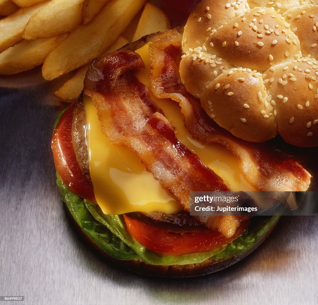 Bacon cheeseburger with french fries