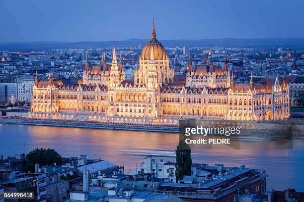 budapest parliament at night - budapest stock pictures, royalty-free photos & images